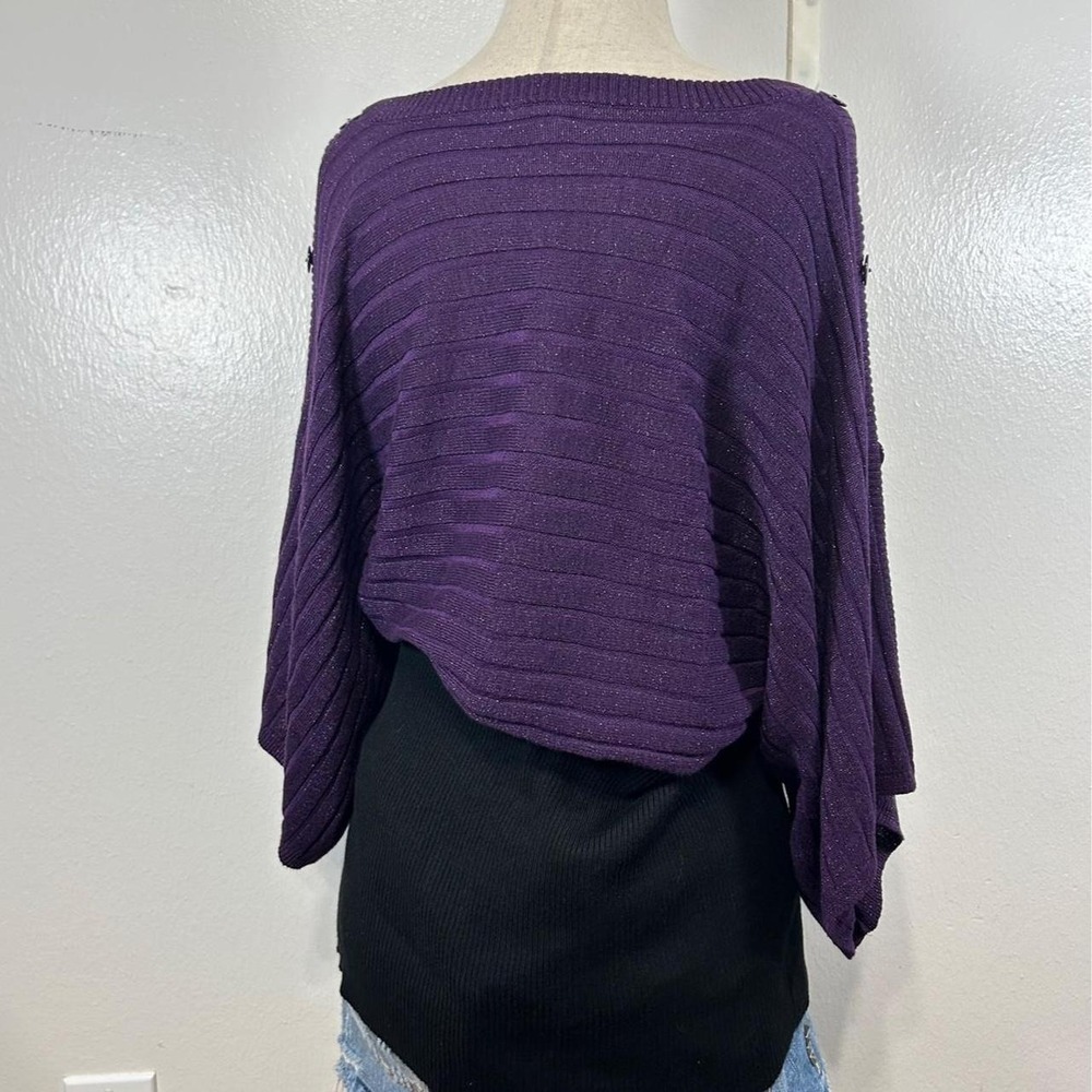 Y2K Purple Shimmer Ribbed Knit Batwing Sweater Top Bell Sleeve Womens L - Picture 3 of 7